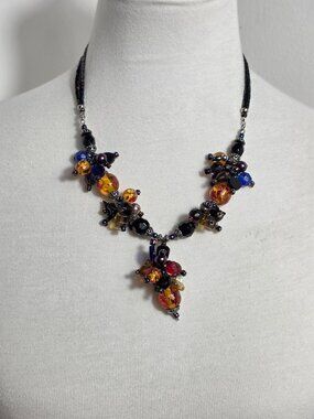 Boho Cluster Necklace Striking Mix of Amber, Cobalt & Black Faceted Beads
